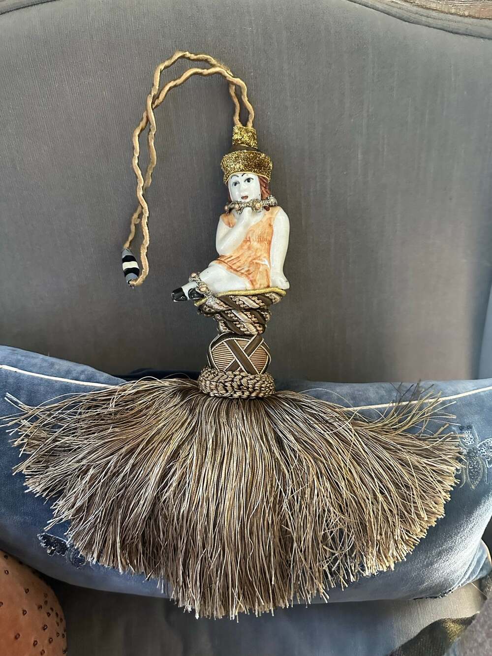 Vintage hanging tassel decor Ornament lady Upcycled porcelain figure fall gift